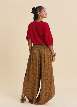 Bağcıklı Detaylı Yandan Yırtmaçlı Hardal Kadın Etnik Pantolon