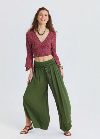 Beli Lastikli Yandan Yırtmaçlı Haki Kadın Yazlık Pantolon