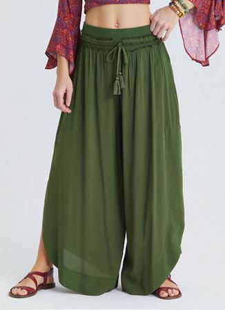Beli Lastikli Yandan Yırtmaçlı Haki Kadın Yazlık Pantolon