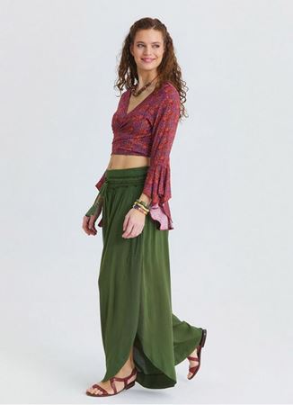 Beli Lastikli Yandan Yırtmaçlı Haki Kadın Yazlık Pantolon