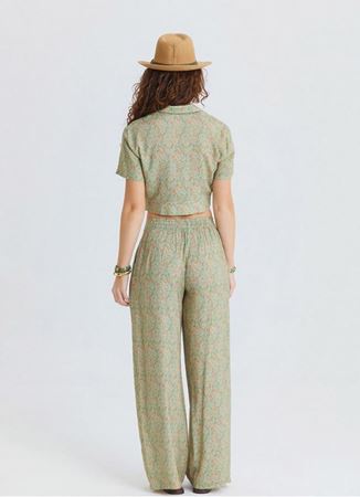 Normal Bel Düğmeli Sarı Çiçekli Kadın Otantik Pantolon