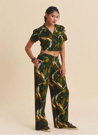 Normal Bel Düğmeli Haki Kadın Palazzo Pantolon