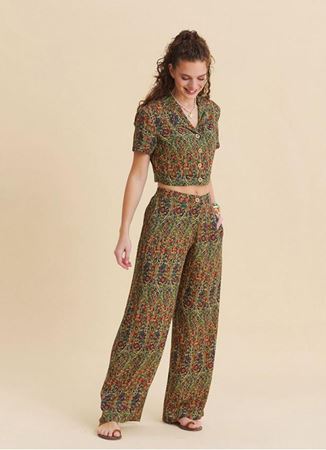 Normal Bel Düğmeli Yeşil Çiçekli Kadın Etnik Pantolon