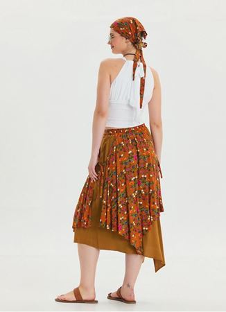 Bağlama Detaylı Beli Lastikli Hardal Bohem Etek