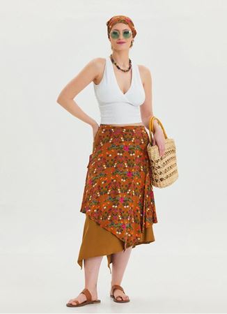 Bağlama Detaylı Beli Lastikli Hardal Bohem Etek