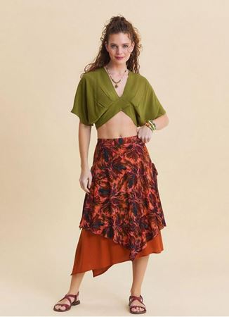 Beli Lastikli Çift Katlı Mercan Asimetrik Etek