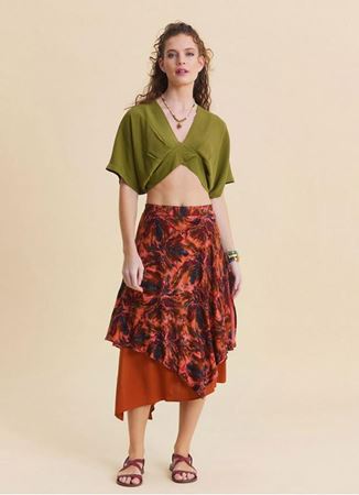 Beli Lastikli Çift Katlı Mercan Asimetrik Etek