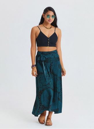 Gipe Detaylı Belden Bağlamalı Petrol Uzun Etek