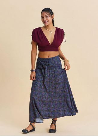 Gipe Detaylı Belden Bağlamalı Lacivert Çiçekli Etek