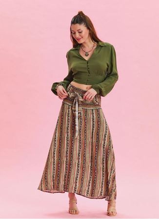 Gipe Belden Bağlamalı Haki Desenli Uzun Etek