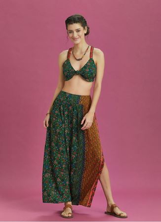 Yeşil Çiçekli Arka Bel Lastikli Derin Yırtmaçlı Etek