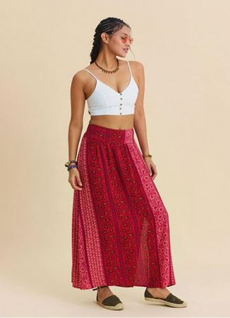 Beli Lastikli Derin Yırtmaçlı Kırmızı Çiçekli Etek