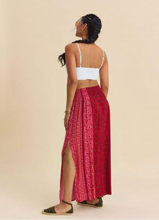Beli Lastikli Derin Yırtmaçlı Kırmızı Çiçekli Etek