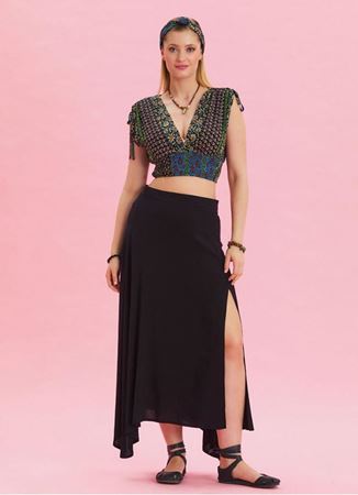 Fermuar Detaylı Yırtmaçlı Siyah Asimetrik Etek