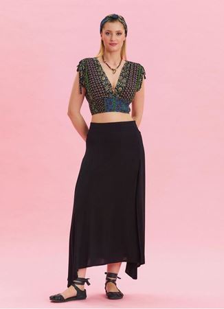 Fermuar Detaylı Yırtmaçlı Siyah Asimetrik Etek