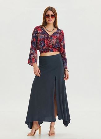 Fermuar Detaylı Yırtmaçlı Antrasit Asimetrik Etek