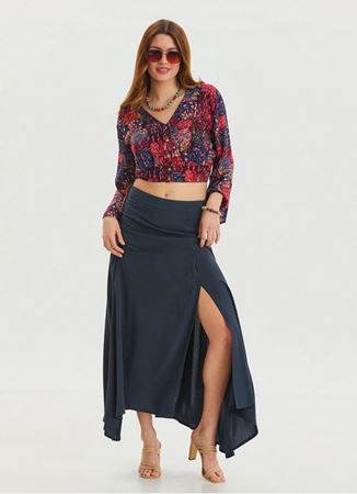Fermuar Detaylı Yırtmaçlı Antrasit Asimetrik Etek
