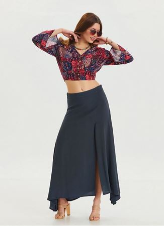 Fermuar Detaylı Yırtmaçlı Antrasit Asimetrik Etek