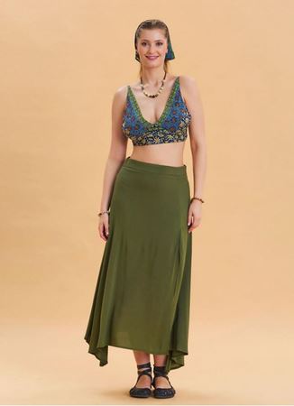 Fermuar Detaylı Yırtmaçlı Haki Asimetrik Etek