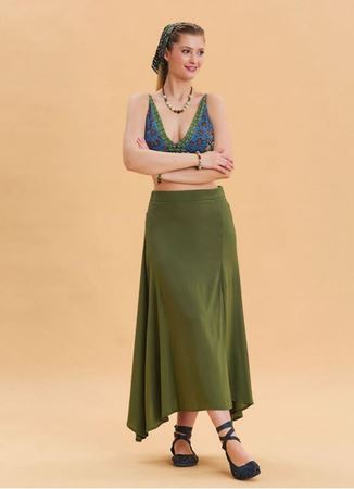 Fermuar Detaylı Yırtmaçlı Haki Asimetrik Etek