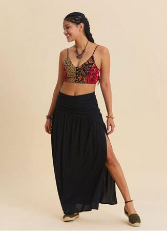 Drape Detaylı Yırtmaçlı Siyah Bohem Etek 