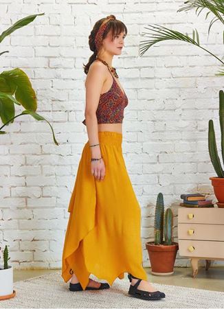 Bohem Tarz Katlı Salaş Beli Lastikli Sarı Uzun Etek