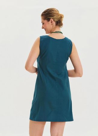 U Yaka Kedi Figürlü Düğme Detaylı Petrol Günlük Elbise