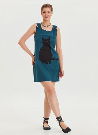U Yaka Kedi Figürlü Düğme Detaylı Petrol Günlük Elbise