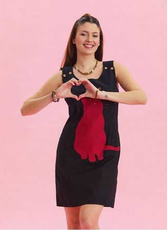 U Yaka Kedi Figürlü Düğme Detaylı Siyah Bohem Elbise