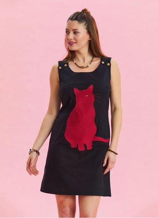 U Yaka Kedi Figürlü Düğme Detaylı Siyah Bohem Elbise