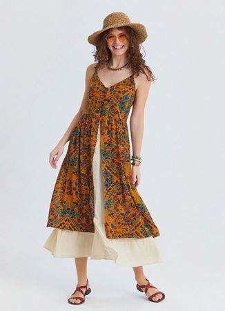 İnce Askılı Çift Katlı Düğmeli Hardal Çiçekli Elbise