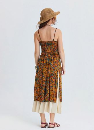 İnce Askılı Çift Katlı Düğmeli Hardal Çiçekli Elbise