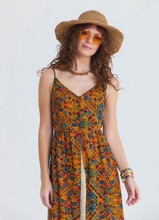 İnce Askılı Çift Katlı Düğmeli Hardal Çiçekli Elbise