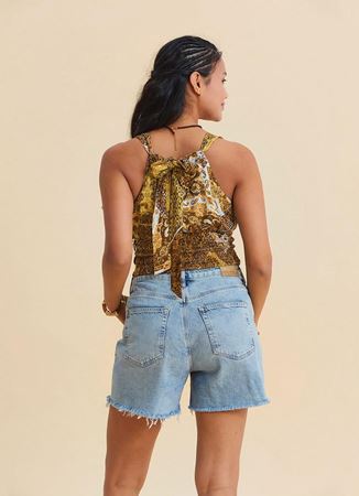 V Yaka Gipe Detaylı Arkadan Bağlamalı Sarı Otantik Bluz