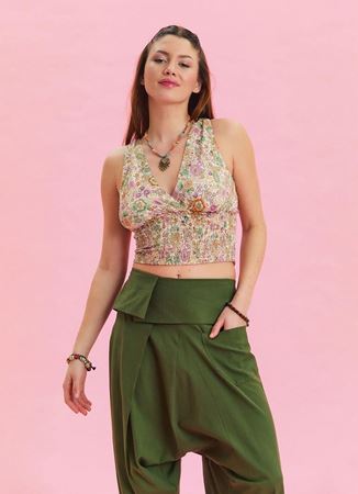 V Yaka Gipe Detaylı Arkadan Bağlamalı Bej Çiçekli Bluz