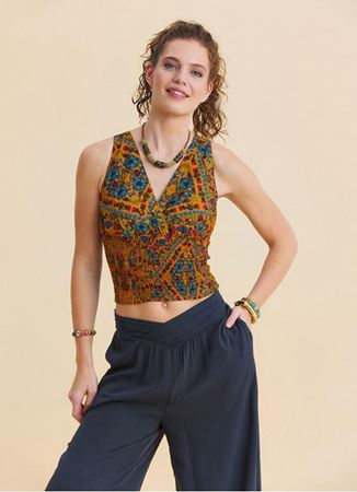 V Yaka Gipe Detaylı Arkadan Bağlamalı Hardal Çiçekli Bluz