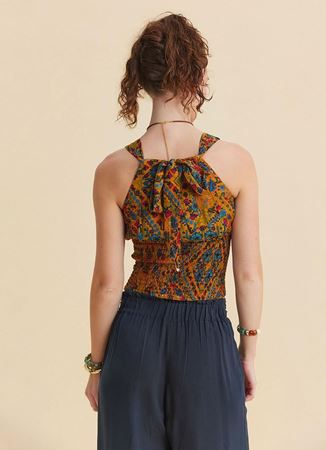 V Yaka Gipe Detaylı Arkadan Bağlamalı Hardal Çiçekli Bluz