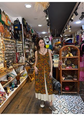 İnce Askılı Çift Katlı Düğmeli Hardal Çiçekli Elbise