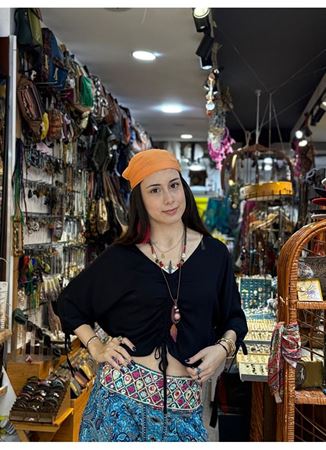 Kayık Yaka Yarım Kollu Büzgülü Siyah Bohem Bluz