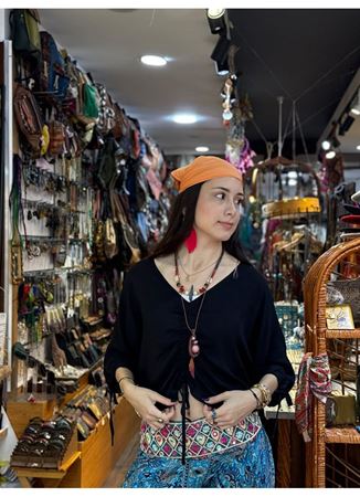 Kayık Yaka Yarım Kollu Büzgülü Siyah Bohem Bluz