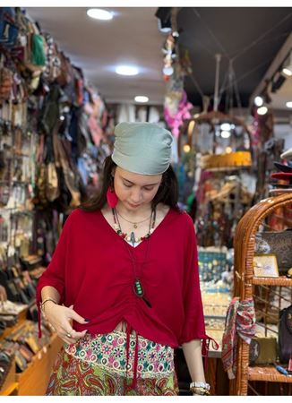 Kayık Yaka Yarım Kollu Büzgülü Kırmızı Yazlık Bluz