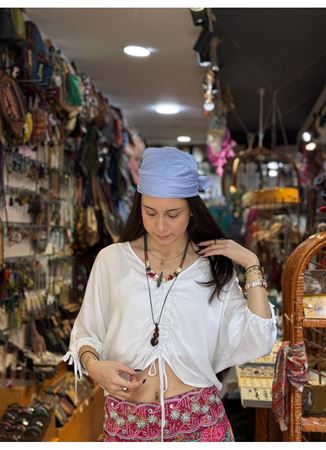 Kayık Yaka Yarım Kollu Büzgülü Beyaz Crop Bluz