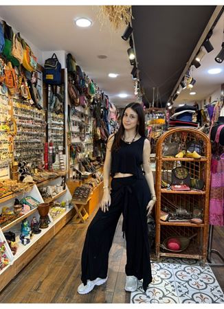 Bohem Beli Lastikli Düğmeli Siyah Tulum Elbise