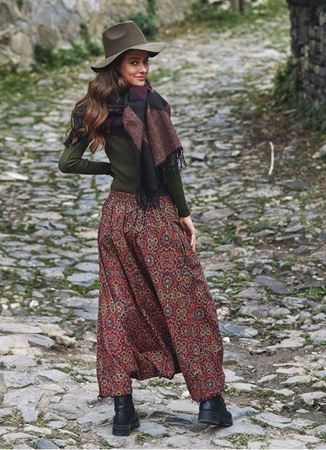 Retro Desenli Düğmeli Otantik Şalvar Pantolon