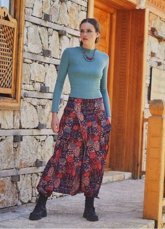 Kırmızı Desenli Düğmeli Otantik Şalvar Pantolon
