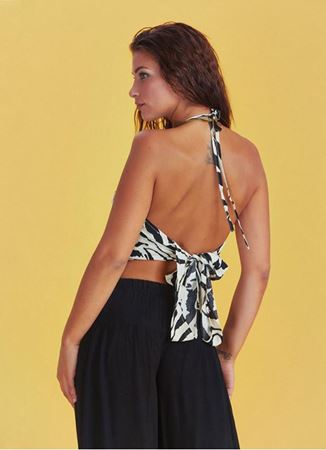 Sırtı Açık Boyundan Bağlamalı Beyaz Siyah Crop Bluz