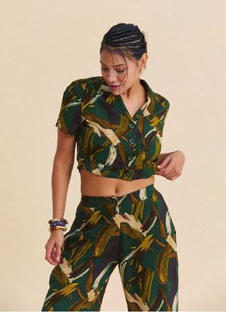 Gömlek Yaka Düğmeli Haki Crop Bluz