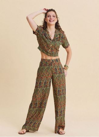 Gömlek Yaka Kısa Kollu Yeşil Etnik Bluz