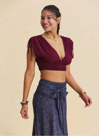 Derin V Yaka Beli Gipeli Bordo Crop Bluz
