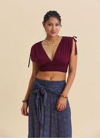 Derin V Yaka Beli Gipeli Bordo Crop Bluz